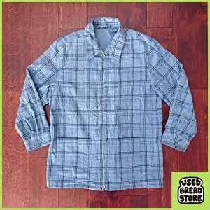 Vintage Mens XL Corduroy Collared Lined Jacket Chore Coat Blue Plaid Zip Pockets